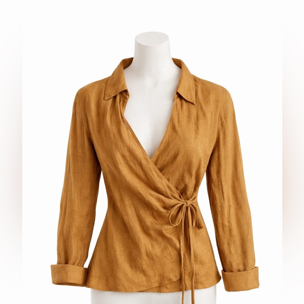 Zara Wrap Blouse Medium Rust Mustard Tie Waist Long Sleeve Collared Top